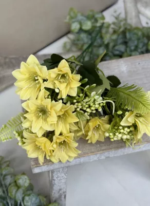 Kytička kvet s doplnkom a bobuľami, textil+plast, 32cm, 5x stonka, žltá 